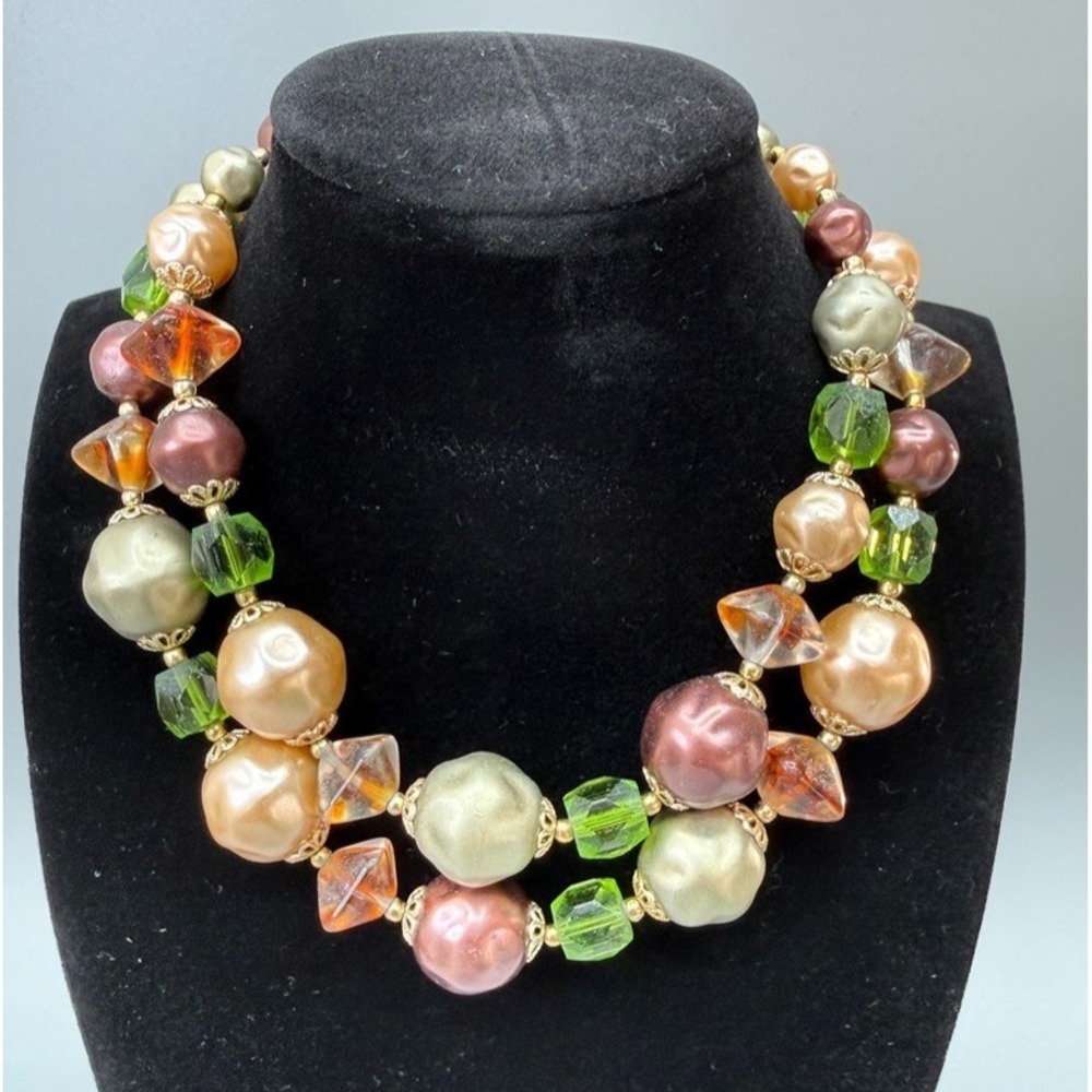 Vintage Bead‎ Choker Necklace Japan MCM Chunky Double Strand Retro 14" 50s 60s